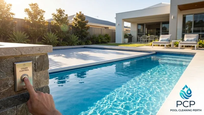 Automatic pool cover system retracting over a modern residential pool with push button control panel