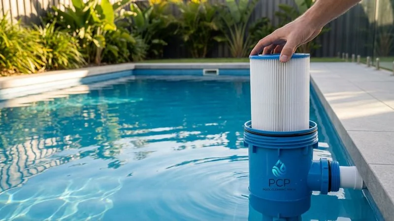 Clean cartridge filter element being reinstalled into pool filter housing after thorough hosing and inspection