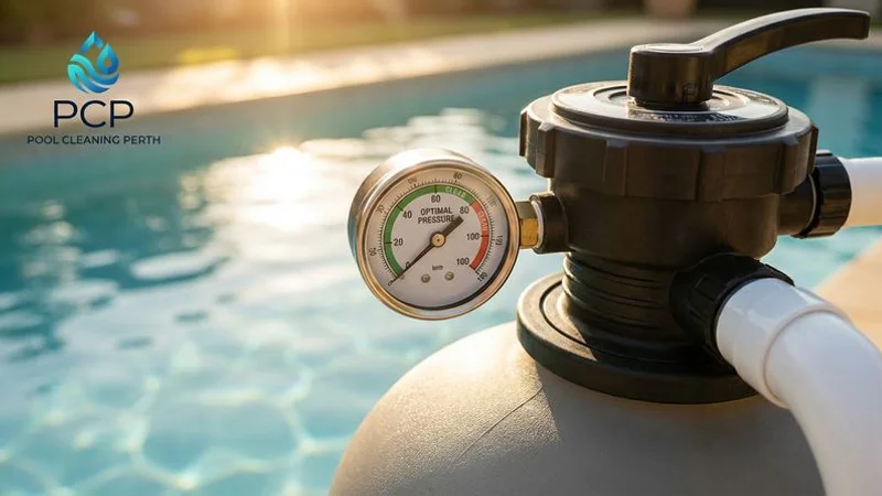Close up of a clean pool sand filter system with pressure gauge showing optimal operating pressure