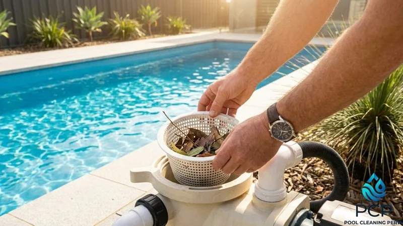 Close up of a pool pump basket being inspected and cleared of debris by a pool owner in Perth