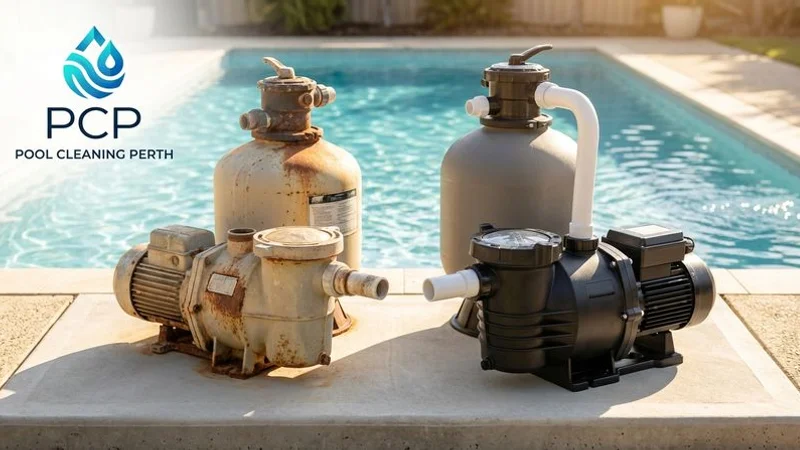 Comparison between a worn aged pool pump motor and a brand new energy efficient replacement pump