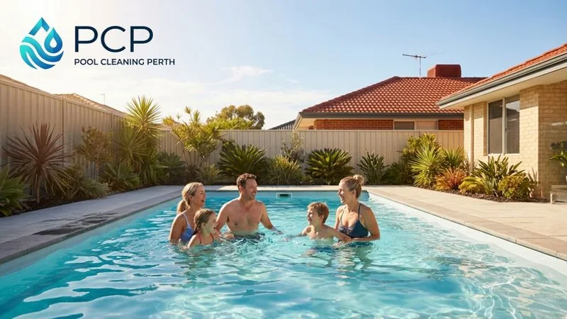 Family enjoying a sparkling clean swimming pool on a hot summer day in a Perth suburban backyard