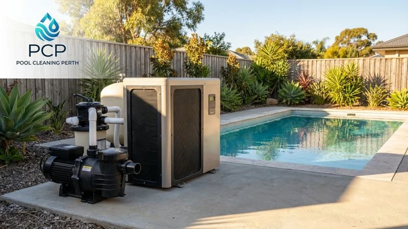 Pool heating equipment area showing heat pump unit installed next to pool pump and filter system