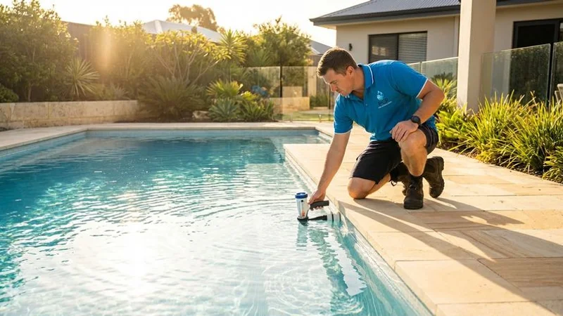 Pool technician measuring water flow rate from pool return jets to diagnose pump performance issues