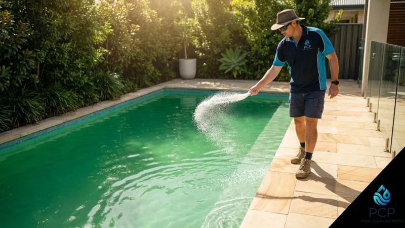 Pool technician treating a moderately green swimming pool with shock chemicals and testing equipment