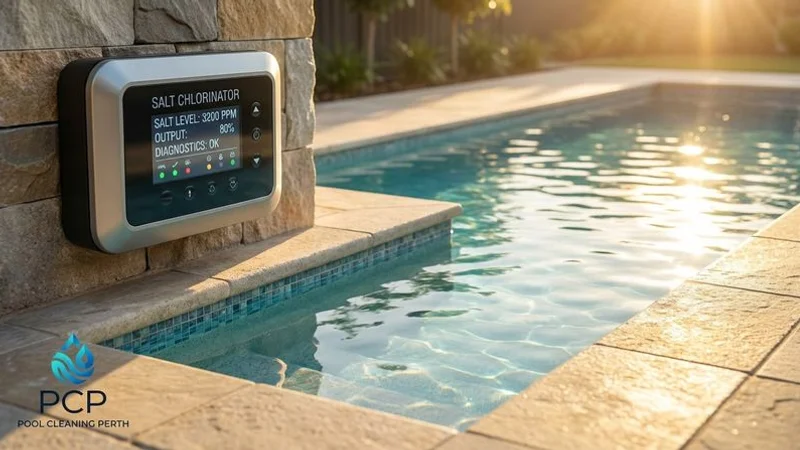 Salt chlorinator control panel showing digital display with settings and diagnostic indicators on wall